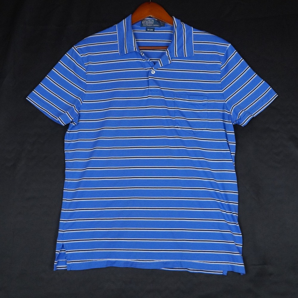 Polo Ralph Lauren Polo Shirt Mens Large Blue Striped Pocket Short Sleeve Cotton